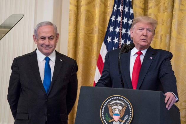 President Donald Trump and Israeli prime minister Benjamin Netanyahu speak during a joint statement in the East Room of the White House.
