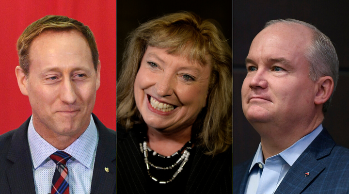 From left to right: Conservative leadership hopefuls Peter MacKays, Marilyn Gladu, Erin O'Toole have said they will march in Pride parades.