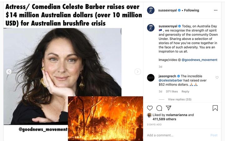 Meghan Markle and Prince Harry's recent Instagram post that gives a nod to Celeste Barber and other Australians' bushfire relief efforts.