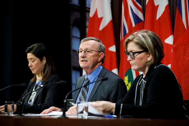 From left, top health officials Dr. Eileen de Villa, Dr. David Williams and Dr. Barbara Yaffe discuss the impact of the coronavirus in Ontario in January 2020. 