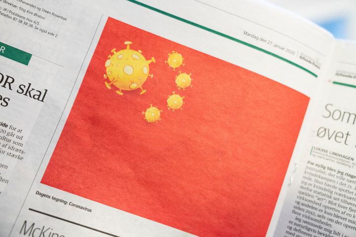 デンマーク紙「ユランズ・ポステン」に掲載された中国国旗の星をウイルスに変えたイラスト
