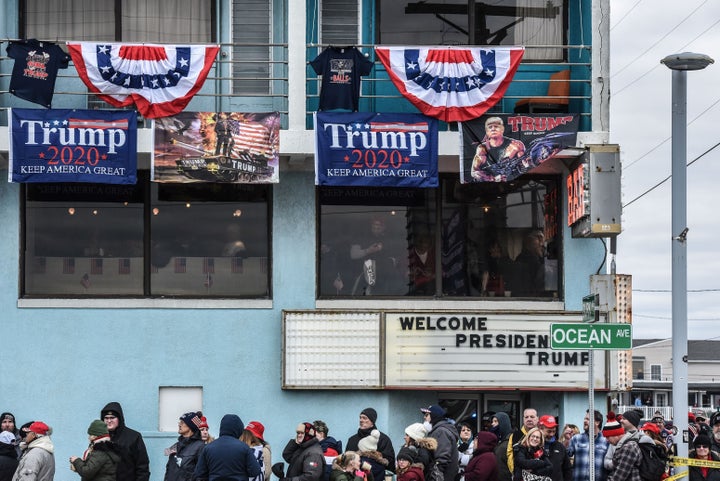 Supporters gather outside a Trump campaign rally in Wildwood, New Jersey, on Jan. 28, 2020.