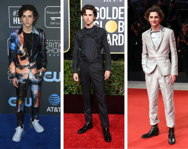 Timothée Chalamet con traje de Alexander Mcqueen en los premios Critic's Choice, de Louis Vuitton en los Globos de Oro y con traje de Berluti en el Festival de Venecia.