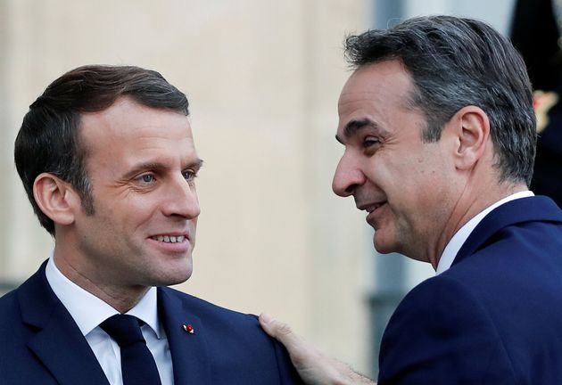 French President Emmanuel Macron welcomes Greek Prime Minister Kyriakos Mitsotakis at the Elysee Palace...