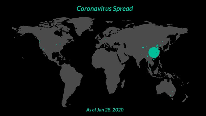 Global cases of coronavirus as of January 28, 2020. The majority are in Wuhan, represented by the biggest green circle - 6,061 cases