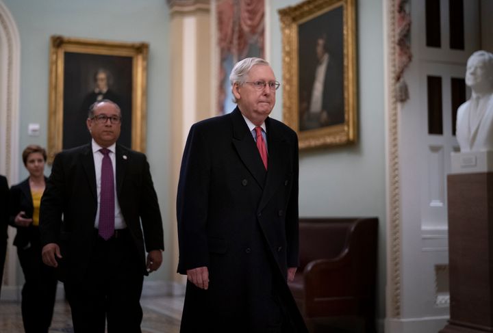 Senate Majority Leader Mitch McConnell arrives for the impeachment trial of President Donald Trump on charges of abuse of power and obstruction of Congress at the Capitol.