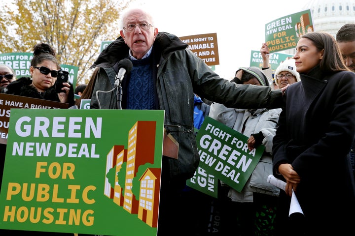 Sen. Bernie Sanders (I-Vt.), left, and Rep. Alexandria Ocasio-Cortez (D-N.Y.), who have both endorsed Jessica Cisneros, want