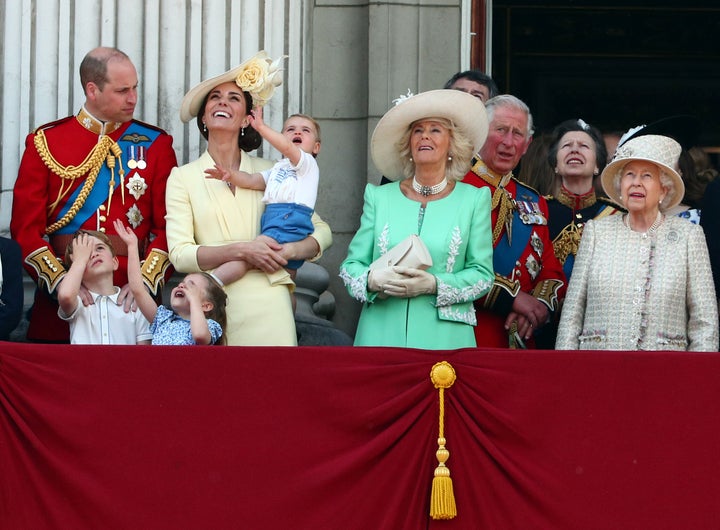 The "inner core" of the Royal Family, from left to right: the Duke of Cambridge, Prince George, Princess Charlotte, the Duchess of Cambridge, Prince Louis, the Duchess of Cornwall, Prince Charles, Princess Anne, and the Queen.