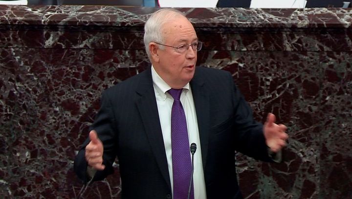 Attorney Ken Starr speaks as U.S. President Donald Trump's legal team resumes its presentation of opening arguments in Trump's Senate impeachment trial in this frame grab from video shot in the U.S. Senate Chamber at the U.S. Capitol in Washington, U.S., Jan. 27, 2020.