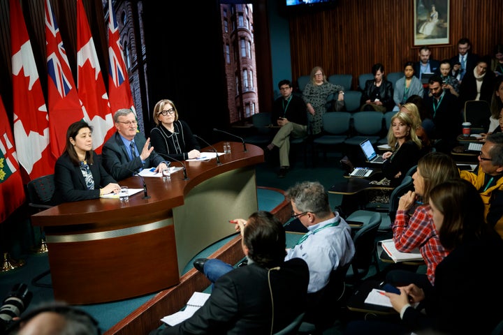 Health officials during a press briefing on the coronavirus at Queen's Park on Jan. 27, 2020, in Toronto.