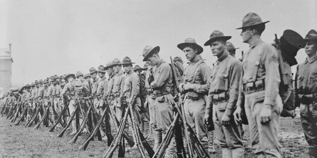 U.S. Marines form a line in France in an undated photo taken during the First World War. The United States marks 100 years since their entry into World War One on April 6, 2017. Courtesy Library of Congress/Handout via REUTERS ATTENTION EDITORS - THIS IMAGE WAS PROVIDED BY A THIRD PARTY. EDITORIAL USE ONLY.