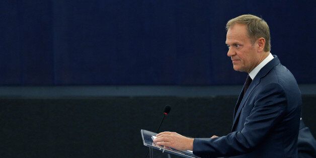 European Council President Donald Tusk addresses the European Parliament during a debate on the conclusions of last March 17 and 18 European Council meeting and the outcome of the EU-Turkey summit, at the European Parliament in Strasbourg, France, April 13, 2016. REUTERS/Vincent Kessler