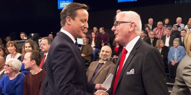 SALFORD, ENGLAND - APRIL 2: (EDITORIAL USE ONLY. NO MERCHANDISING. NO ARCHIVE AFTER MAY 02, 2015) In this handout provided by ITV, British Prime Minister and Conservative leader David Cameron greets people as he takes part in the ITV Leaders' Debate 2015 at MediaCityUK studios on April 2, 2015 in Salford, England. Tonight sees a televised leaders election debate between the seven political party leaders, Green Party leader Natalie Bennett, Liberal Democrat leader Nick Clegg, UKIP leader Nigel