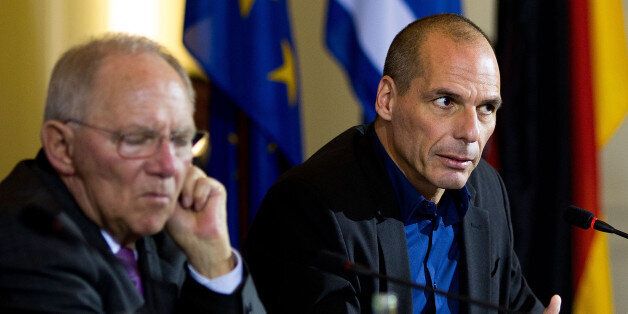 BERLIN, GERMANY - FEBRUARY 05: New Greek Finance Minister Yanis Varoufakis and German Finance Minister Wolfgang Schaeuble speak to the media following talks on February 5, 2015 in Berlin, Germany. Varoufakis is touring several European cities and yesterday met with Mario Draghi at the European Central Bank following announcements by the new Greek government to sharply alter its relationship with the troika of loan-giving entities. (Photo by Carsten Koall/Getty Images)