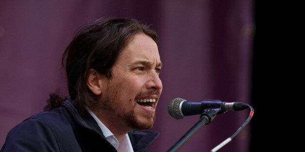 MADRID, SPAIN - JANUARY 31: Leaders of Podemos (We Can) Pablo Iglesias speaks on stage at the end of a march on January 31, 2015 in Madrid, Spain. According to the last opinion polls Podemos (We Can), the anti-austerity left-wing party that emerged out of popular movements and officially formed last year, has wider support than the traditional parties of Spain, the Spanish Prime Minister's right-wing party Partido Popular and the main opposition party, the Socialist (PSOE). Spain will hold Gene