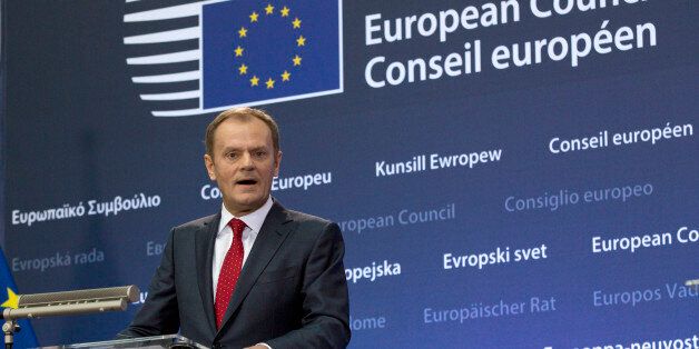 Incoming European Council President Donald Tusk speaks during a handover ceremony for the European Council Presidency at the EU Council building in Brussels on Monday, Dec. 1, 2014. Polandâs former prime minister Donald Tusk is pushing the EUâs center of political gravity eastward by taking over the EU Presidency from Belgiumâs Herman Van Rompuy. Mondayâs transition ceremony highlighted the increasing power of Poland within the 28-nation EU and further shift from a west European economic association to a strong political body uniting some 500 million people from Britain to the borders of Russia in the east. (AP Photo/Virginia Mayo)