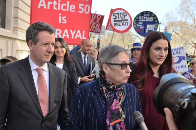 MPs including Chris Leslie, Ann Coffey, Luciana Berger and Chuka Umunna speak to media as they arrive at One Great George Street in London for The Independent Group's first meeting