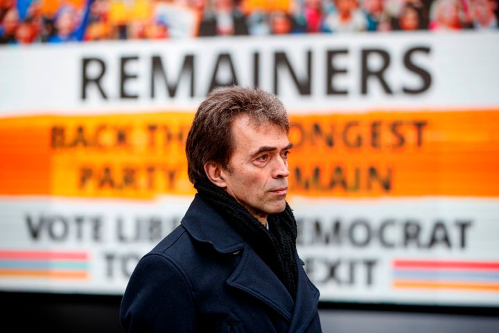 Tom Brake launches the Lib Dems' final campaign poster ahead of polling day in Westminster on December 10, 2019