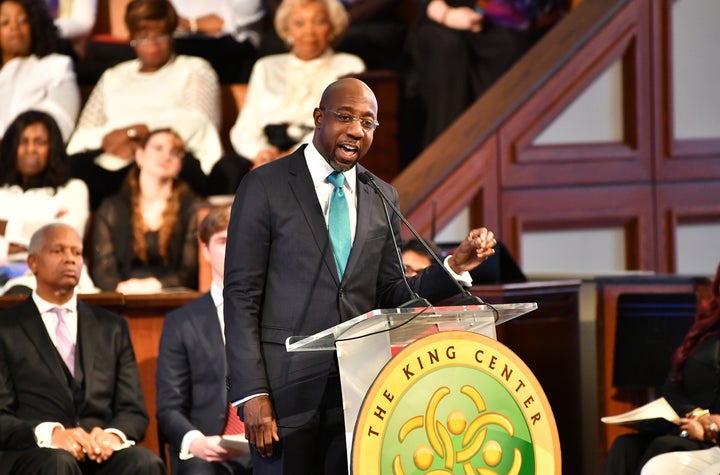 Rev. Raphael G. Warnock speaks onstage during a Martin Luther King, Jr. Commemorative Service at Ebenezer Baptist Church on January 20, 2020 in Atlanta, Georgia. 