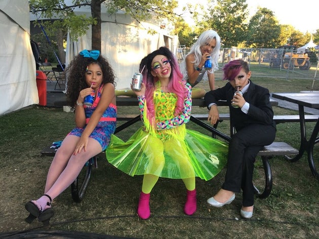 Bracken (center) with other young drag performers, Suzan-Bee Anthony (left), Laddy Gaga (right of center) and Lactatia (far right).