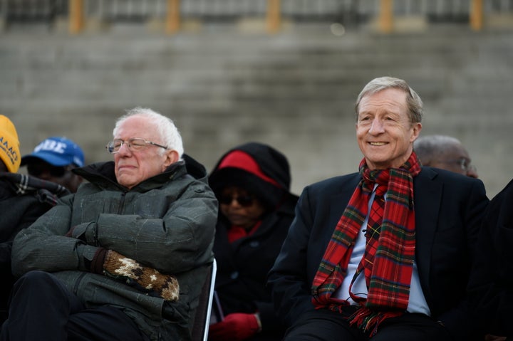 Democratic presidential hopefuls Bernie Sanders and Tom Steyer at a Martin Luther King Jr. Day rally on Jan. 20 in Columbia, South Carolina.