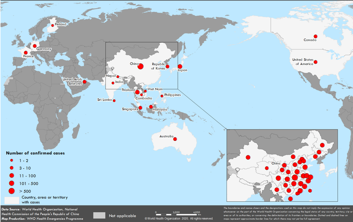 Nineteen countries have confirmed cases of the novel coronavirus as of Thursday, according to the World Health Organization.