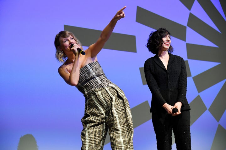 Taylor Swift and Lana Wilson speak at the Netflix premiere of "Miss Americana" on Jan. 23 at the Sundance Film Festival in Park City, Utah.