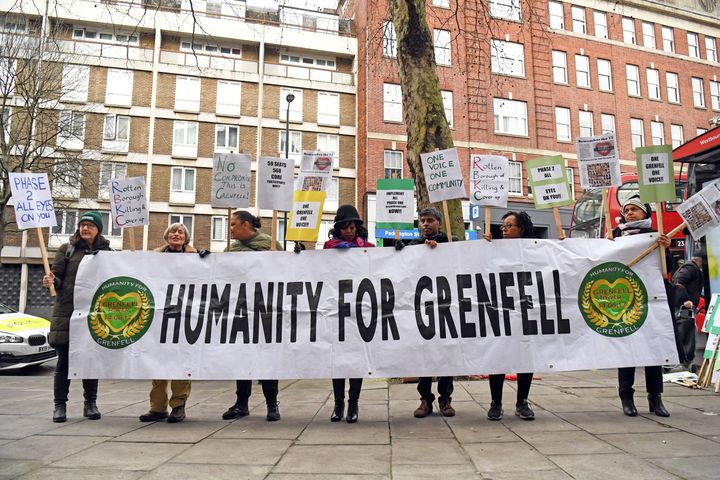 Protesters outside the Grenfell Tower public inquiry in London, where the second part of the inquiry into the fire started this week.