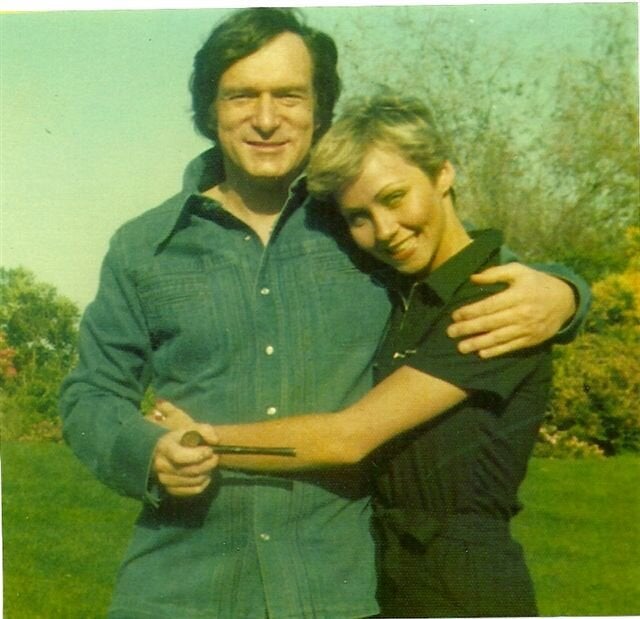 Candace Collins Jordan with Hugh Hefner at Playboy Mansion West (in Holmby Hills, Califorinia). Hefner hosted a party for all of the Bunny of the Year contestants from the various clubs who were all in town to participate in the International Bunny of the Year Pageant, which was televised on ABC. Collins Jordan was first runner-up.