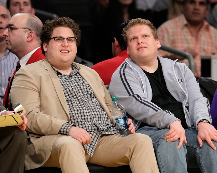 Jonah Hill and Jordan Feldstein attend Game 5 of the Western Conference Finals between the Phoenix Suns and the Los Angeles Lakers during the 2010 NBA Playoffs on May 27, 2010, in Los Angeles.