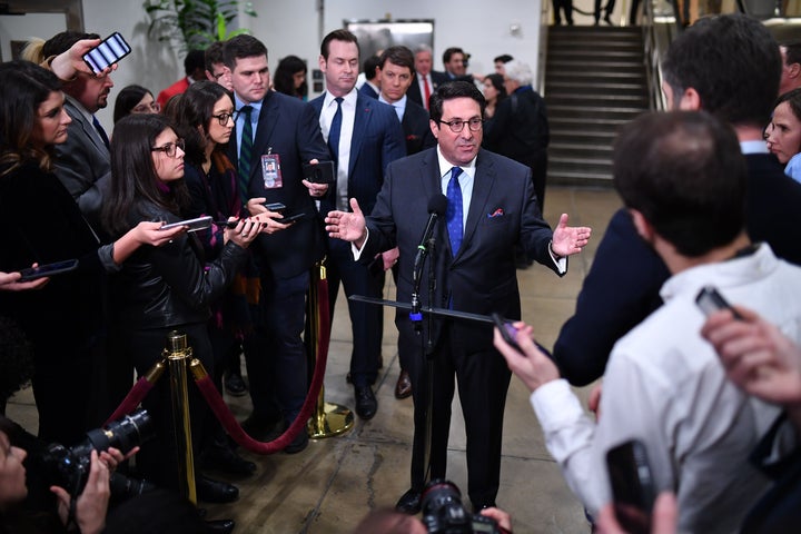 Jay Sekulow speaks to the press during a recess in the impeachment trial at the US Capitol on January 24, 2020 in Washington,