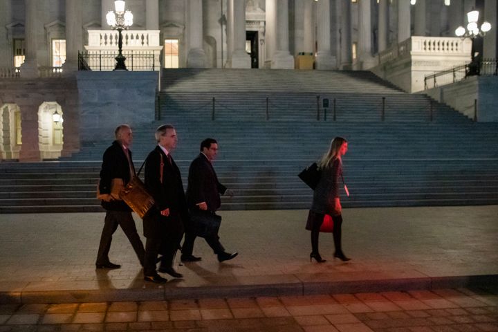From left to right, Eric Herschmann, White House Counsel Pat Cipollone, and Jay Sekulow, all members of President Donald Trumps defense team, leave the U.S. Capitol after defending the President in the Senate impeachment trial on January 27, 2020 in Washington, DC. 