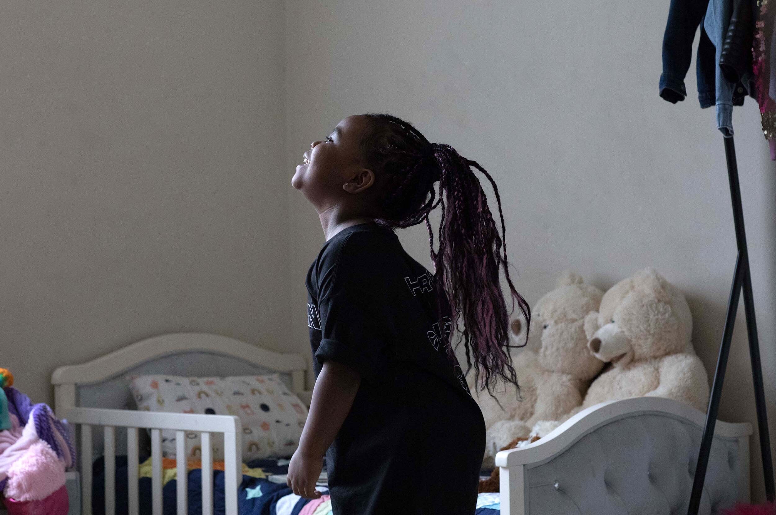 Nova Langston plays in her bedroom in San Ramon, California.