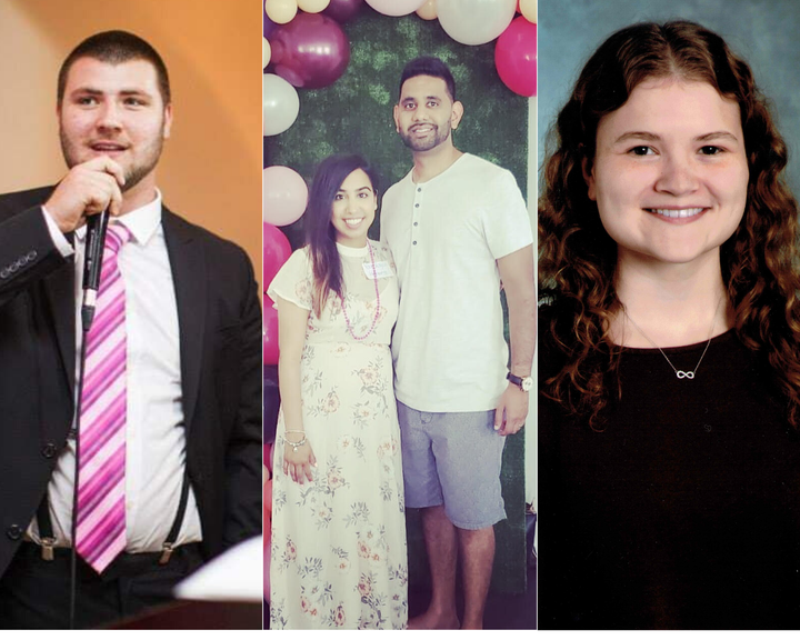 Left to right: David Romanchik, 25, Poonam Patel, 33, with her husband Ankoor, and Sydney Wettlaufer, 23, all live at home with their parents or in-laws.