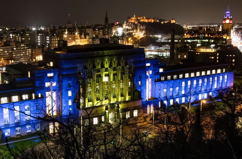St Andrew's House, a Scottish Government building in Edinburgh, illuminated in the colours of the European flag on Brexit day 