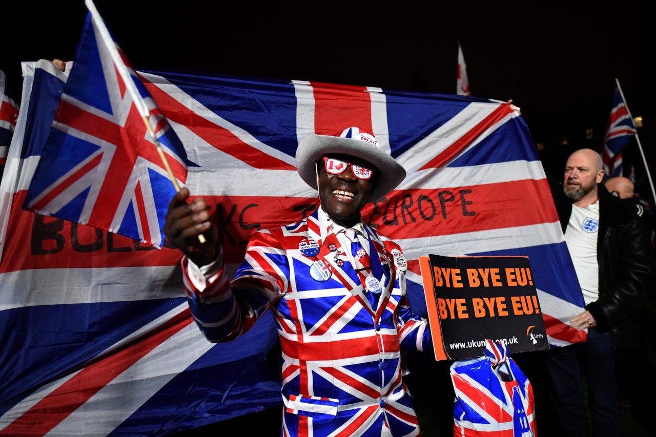 Pro Brexit supporters gathered in Parliament Square to celebrate Brexit Day 