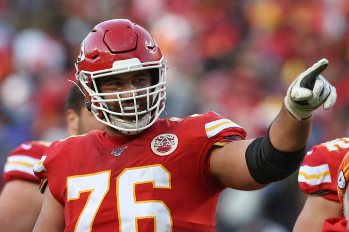 Kansas City Chiefs offensive guard Laurent Duvernay-Tardif points to the stands in the third quarter of the AFC Championship game on Jan. 19, 2020.