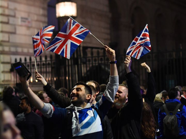 Pro-Brexit supporters take selfies outside Downing Street in London, Britain January 31, 2020. REUTERS/Dylan Martinez