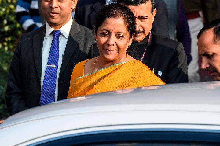 Finance Minister Nirmala Sitharaman leaves the Finance Ministry for the Parliament to announce the 2020-21 union budget on February 1, 2020.