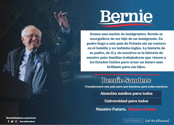 A half-page ad in the Spanish-language weekly "La Prensa Iowa" highlighted Sanders' background as the son of an immigrant.