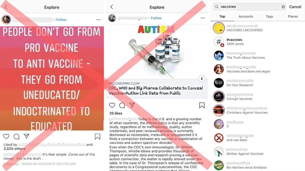 The images on the left show posts containing misinformation that Instagram algorithmically promoted. The image on the right shows top search results for the term "vaccines."