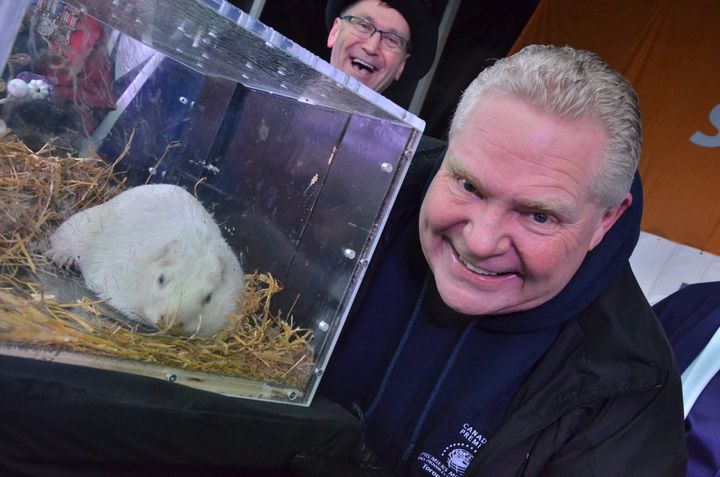 Wiarton Willie with Ontario Premier Doug Ford in Wiarton, Ont. on Feb. 2, 2020. Better luck this year Willie.