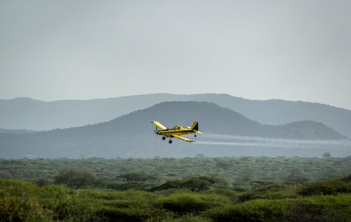 ケニアで、飛行機からバッタの群れに農薬を散布する様子＝2020年2月1日撮影 