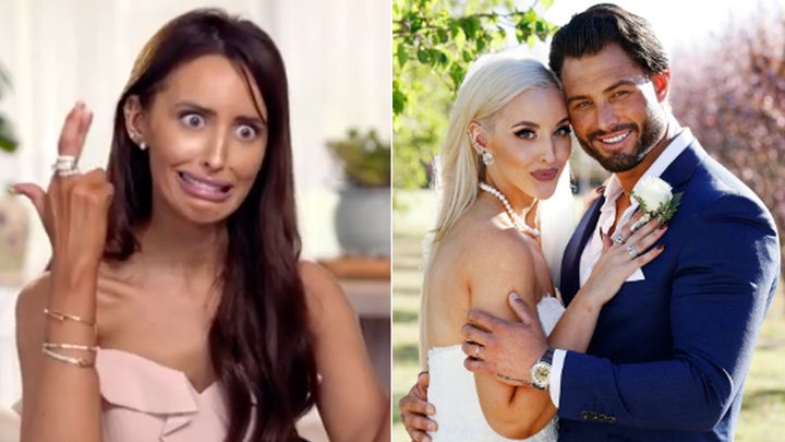 Elizabeth Sobinoff on Married At First Sight 2020 (L) and on the show in 2019 with Sam Ball (R).