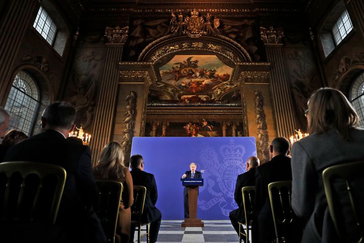 Boris Johnson delivers his unleashing Britain's potential speech in the painted hall, Old Royal Naval College Greenwich, London