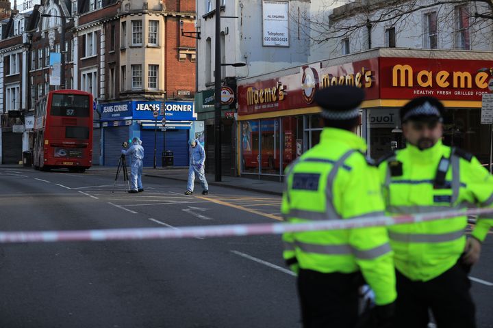 Forensic officers at the scene following the terror attack in Streatham High Road by Sudesh Amman, 20