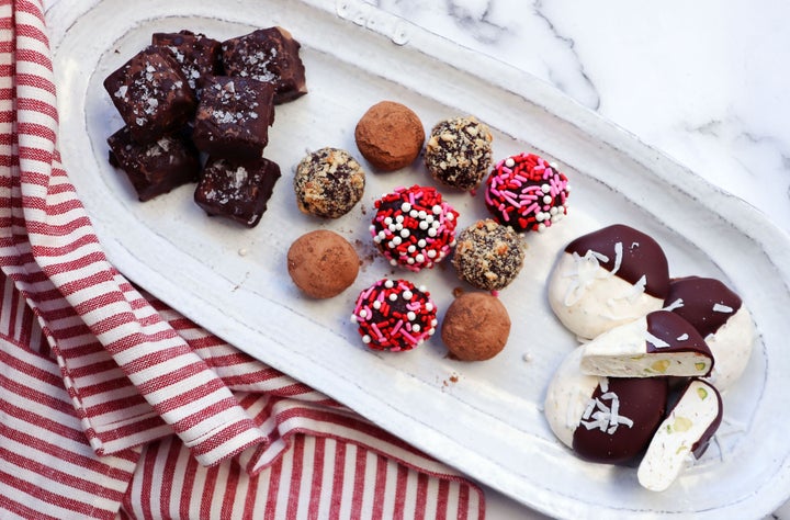 From left: Dark chocolate caramels, chocolate truffles and chocolate-dipped pistachio nougat.