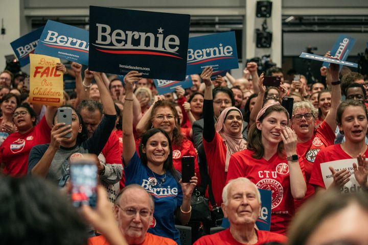 Supporters cheer for Democratic presidential candidate Sen. Bernie Sanders (I-Vt.) who spoke at a rally in support of the Chi
