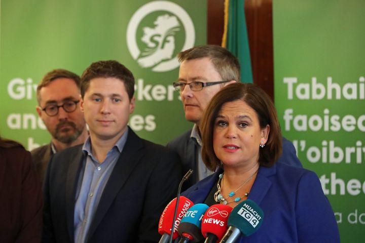 Sinn Fein leader Mary Lou McDonald speaks at a press conference in Dublin.