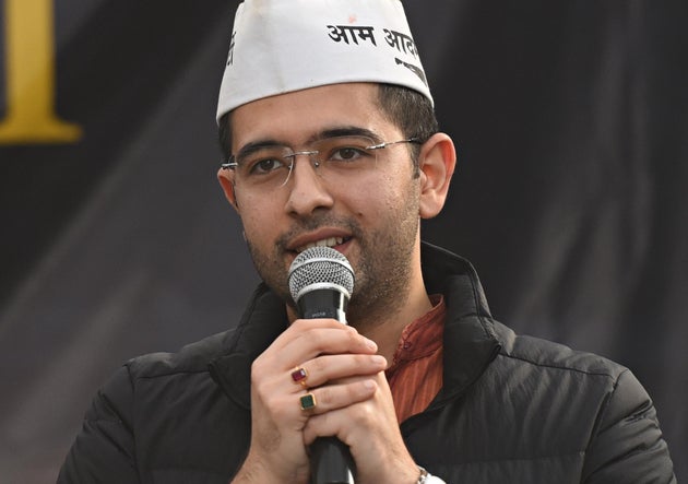 AAP's candidate from Rajendra Nagar Raghav Chadha addresses the gathering during a Jan Sabha for Delhi...